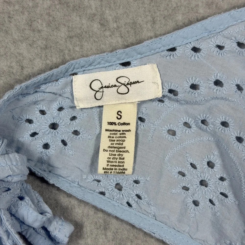 Jessica Simpson Light Blue Eyelet Cutout Ruffle Mini Dress Small Cotton